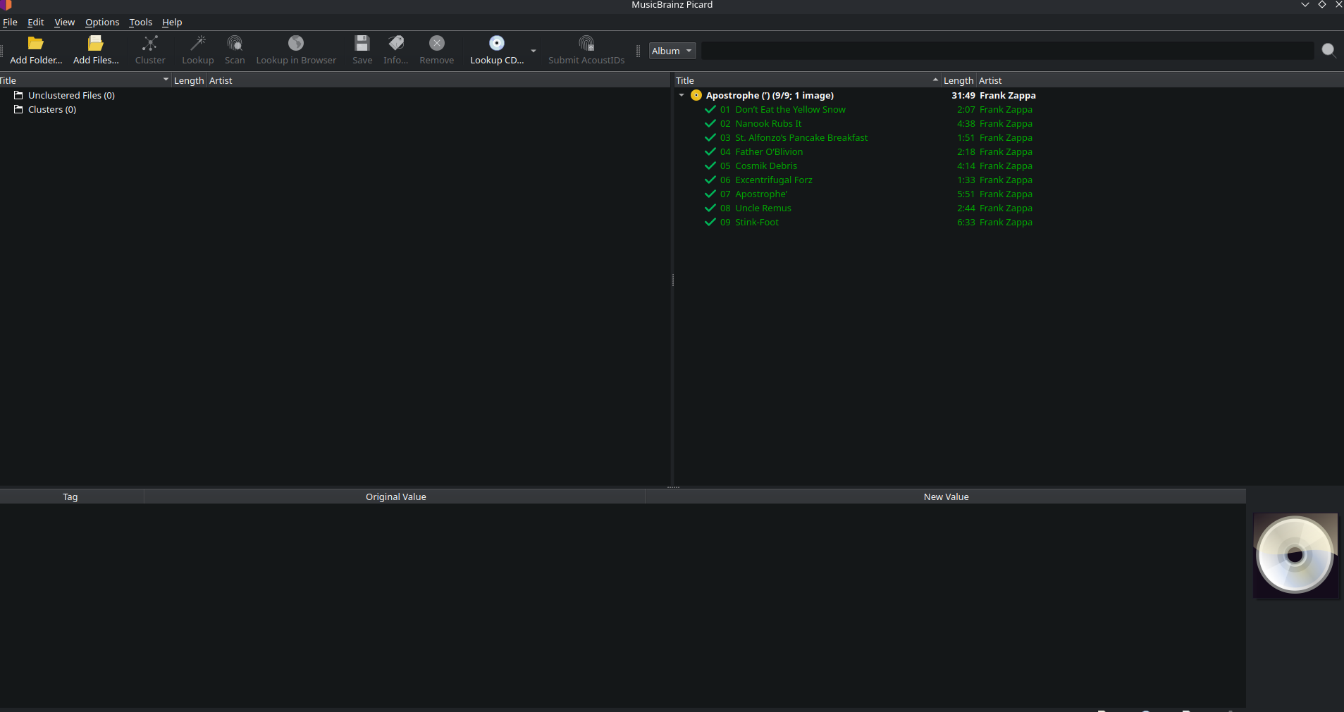 UI of Musicbrainz Picard after successful scan of metadata for Frank Zappa Album